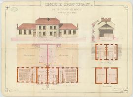 Plan en façade, coupe et élévation des deux bâtiments pour la construction des écoles mixtes des ...