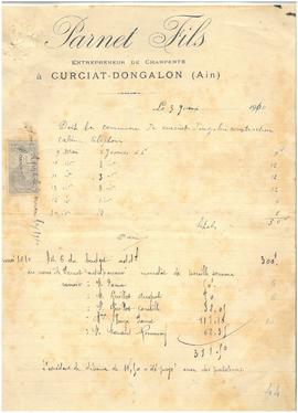 Facture de l'entreprise Parnet fils, entreprise de charpente à Curciat-Dongalon pour la construct...