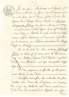 Certificat de recherche de l'archiviste de l'hôpital de la Charité de Lyon pour un enfant abandon...