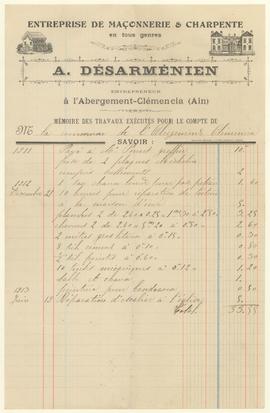 Facture de A. Désarmémien, entreprise de maçonnerie et charpente pour des travaux aux bâtiments c...