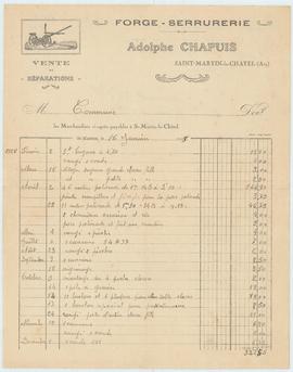 Facture d'Adolphe Chapuis - forge et serrurerie, entrepreneur de Saint-Martin-le-Châtel, vue 01.