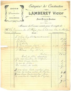 Facture de Victor Lamberet, entrepreneur du bâtiment à Saint-Nizier-le-Bouchoux, vue 01.