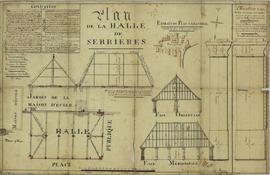 Serrières-de-Briord 1M3 - Halle de Serrières, réparations: plan de masse et levée, détail piliers...