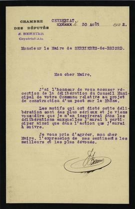 Serrières-de-Briord 1O4 - Pont métallique sur le Rhône, projet: lettre du député Joseph Bernier, ...