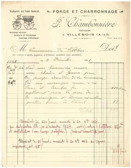 Facture de l’entreprise J. Chambonnière, forge et charronnage à Villebois.